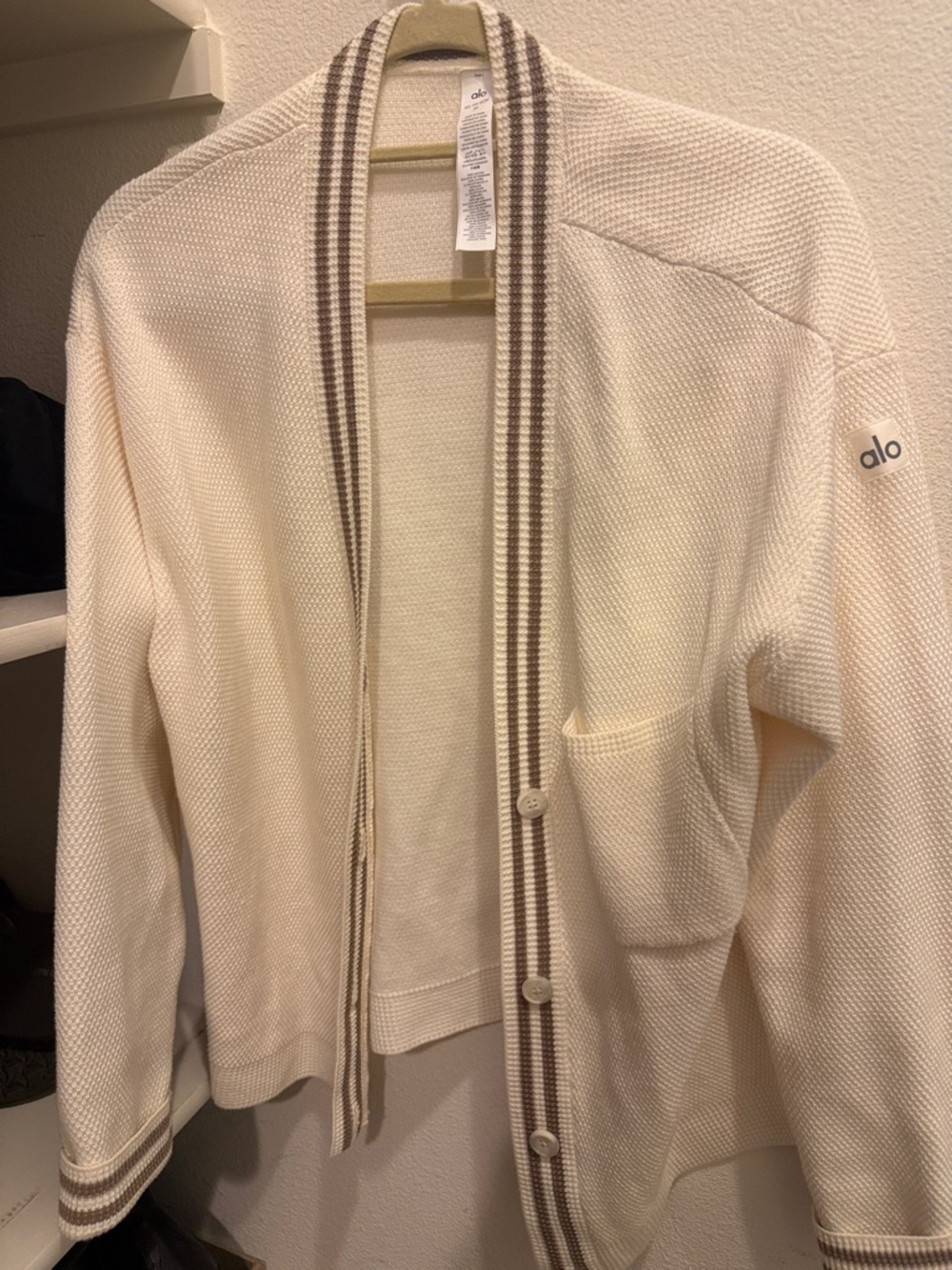 ALO Yoga Cream Knit Cardigan with Brown Stripe Trim